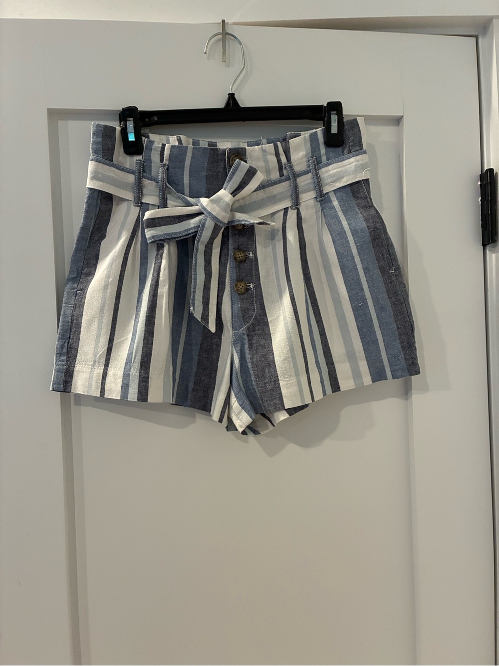 Abercrombie & Fitch Blue and White Striped High-Waist Tie-Belt Shorts